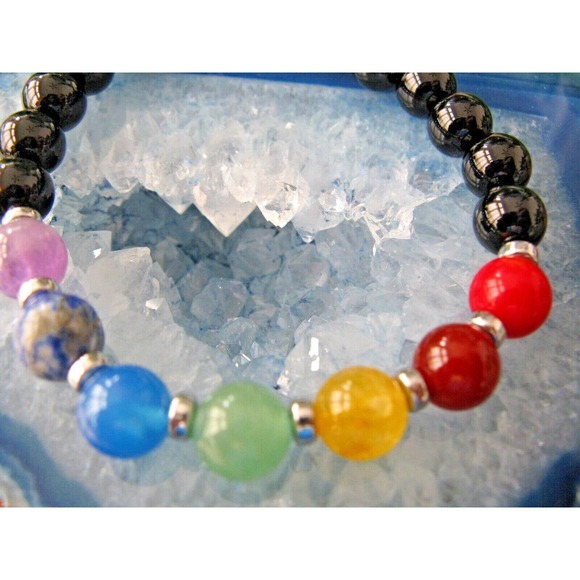 New Natural Crystal Healing Chakra Gemstones & Black Onyx Quartz 9mm Bracelet - Picture 2 of 6